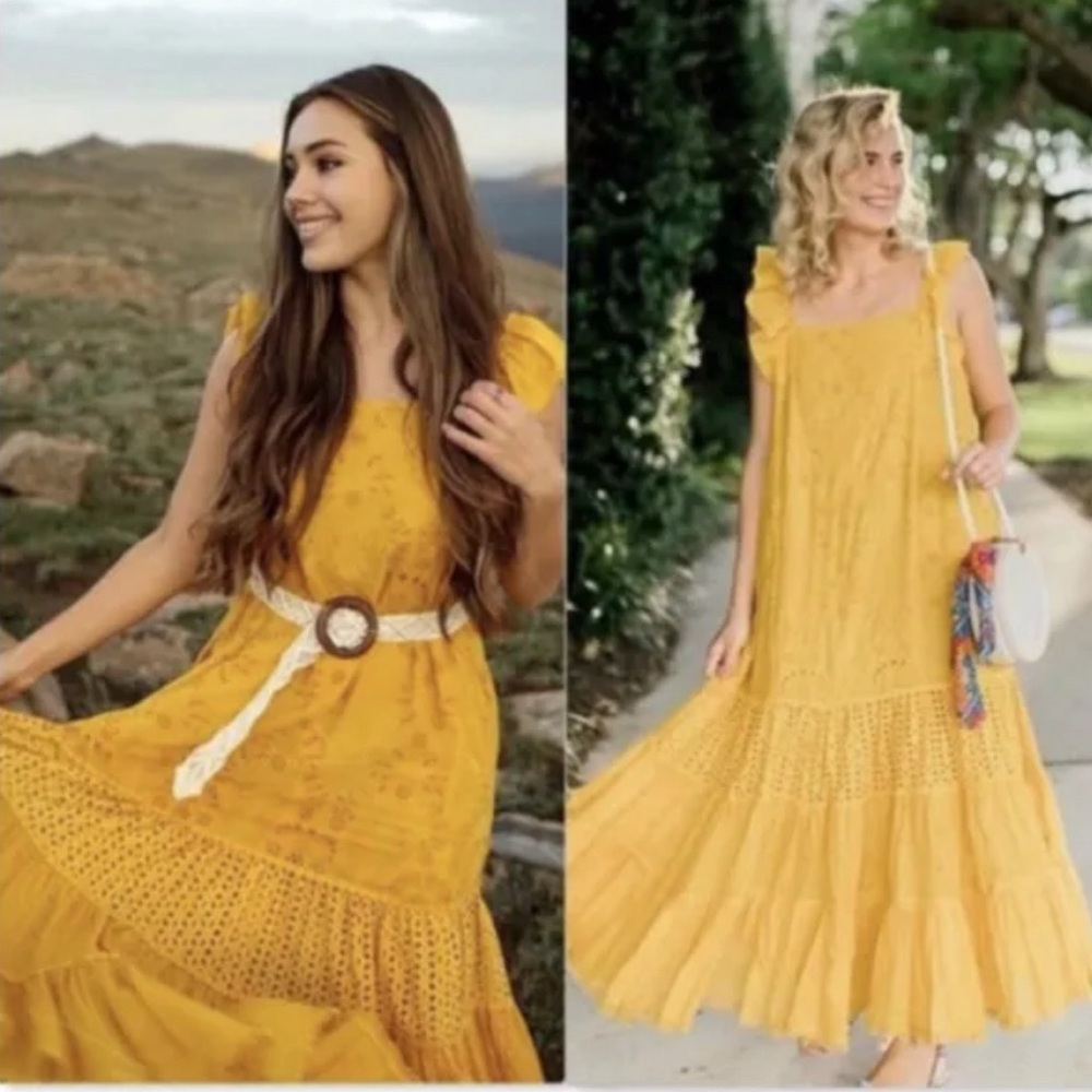 Anthropologie Payal Jain-Fallon Eyelet Maxi Dress Size 4 Yellow C